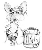 ‘Peg-Leg’ Coloring page of a mouse sailor with a barrel of apples.  